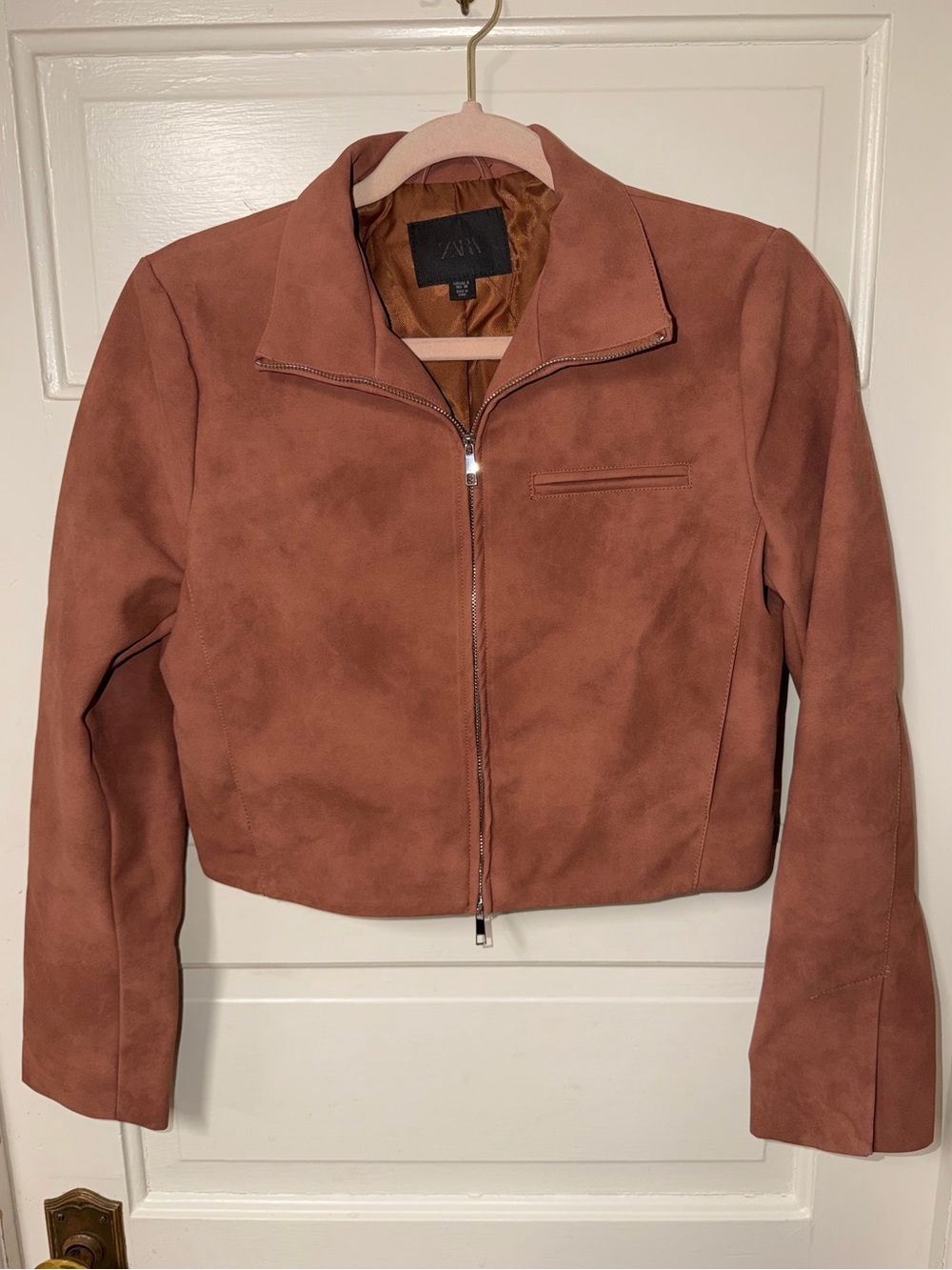 ZARA Women's Rust Suede Zip Cropped Jacket- Small